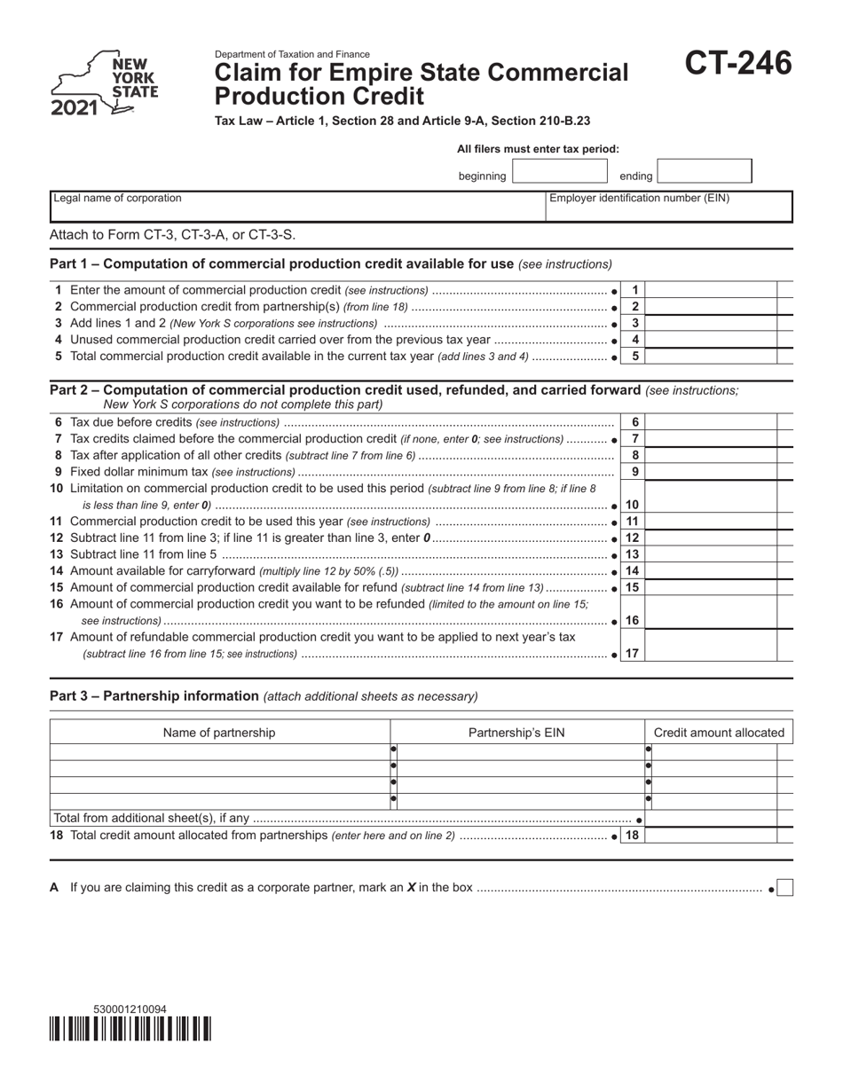 Form CT-246 Claim for Empire State Commercial Production Credit - New York, Page 1