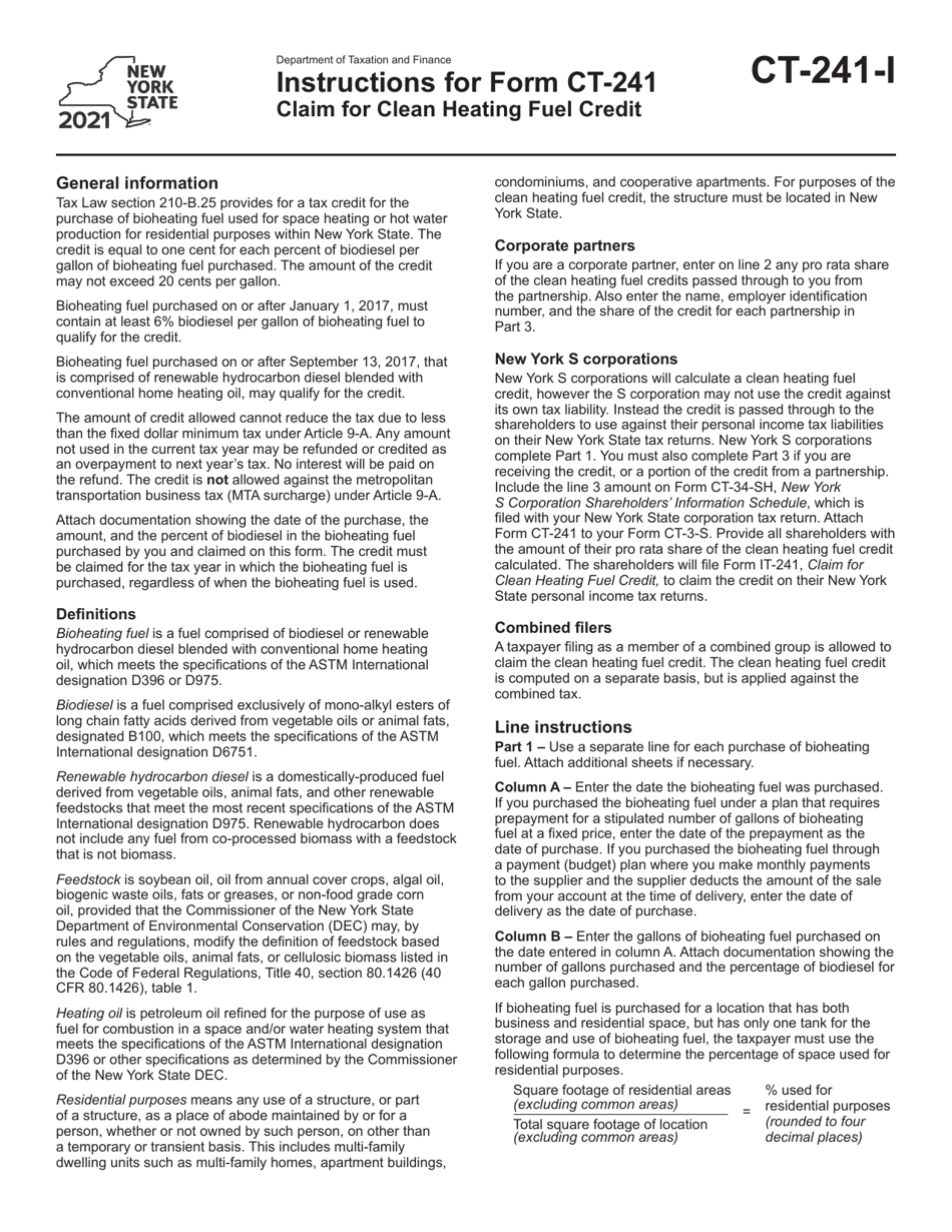 Instructions for Form CT-241 Claim for Clean Heating Fuel Credit - New York, Page 1