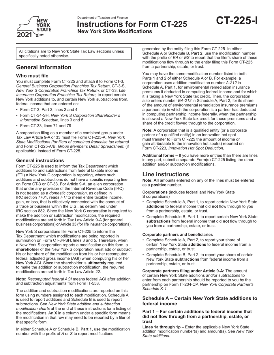 Download Instructions for Form CT225 New York State Modifications PDF