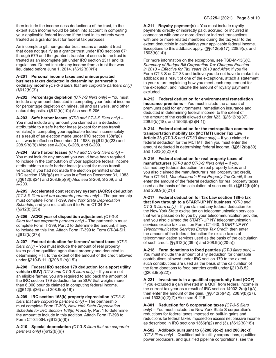 Instructions for Form CT-225 New York State Modifications - New York, Page 3