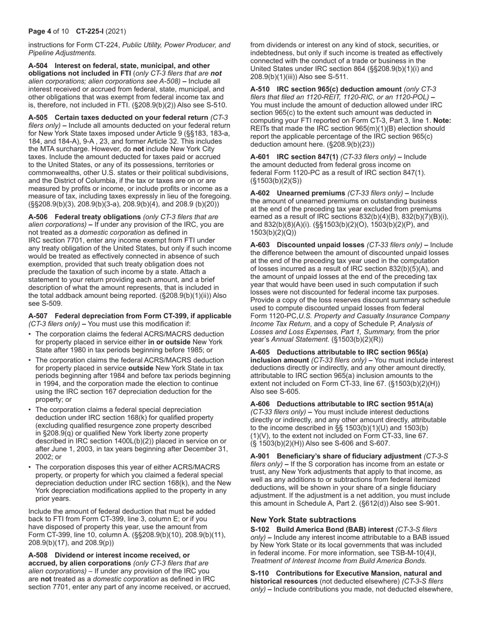 Instructions for Form CT-225 New York State Modifications - New York, Page 4