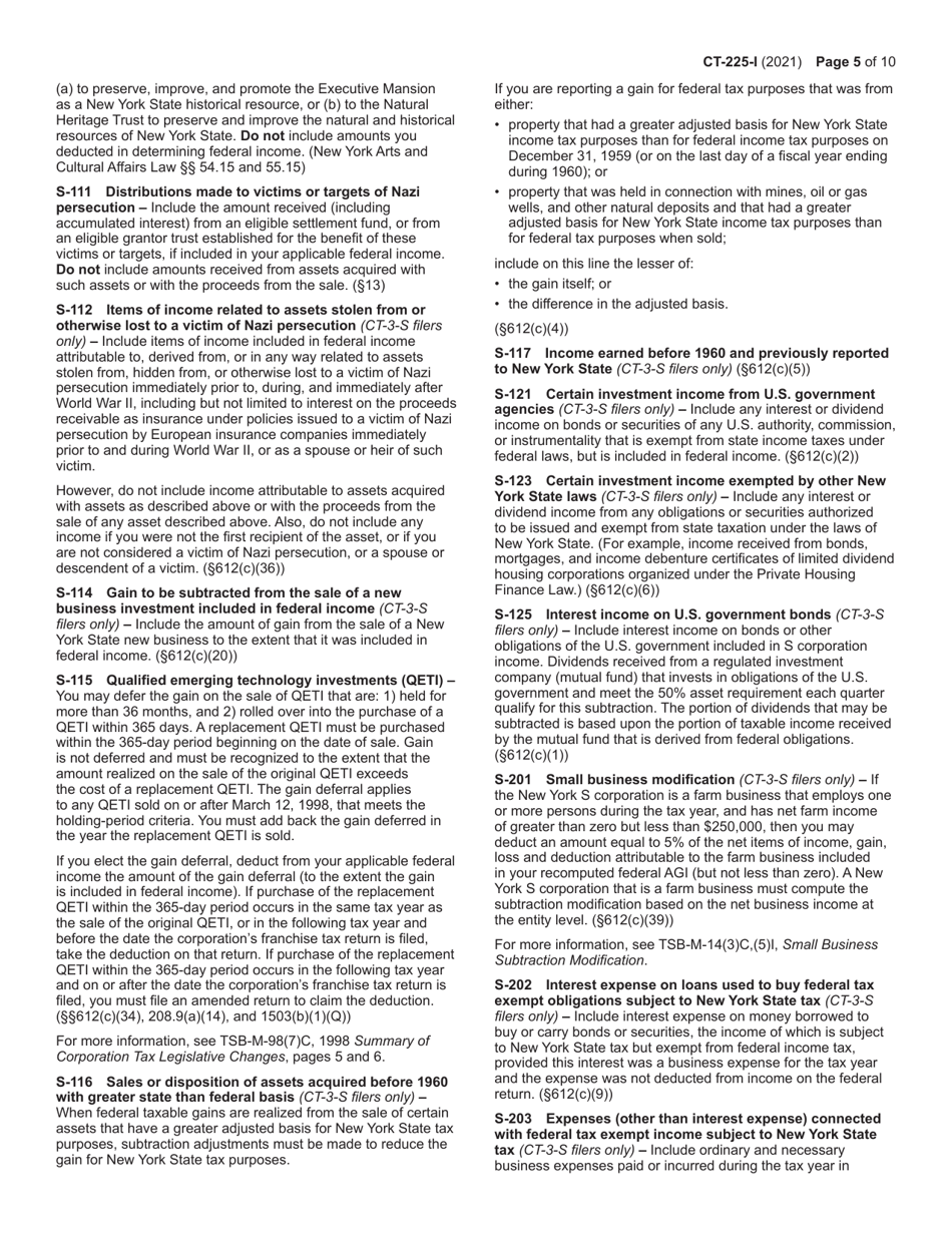 Instructions for Form CT-225 New York State Modifications - New York, Page 5