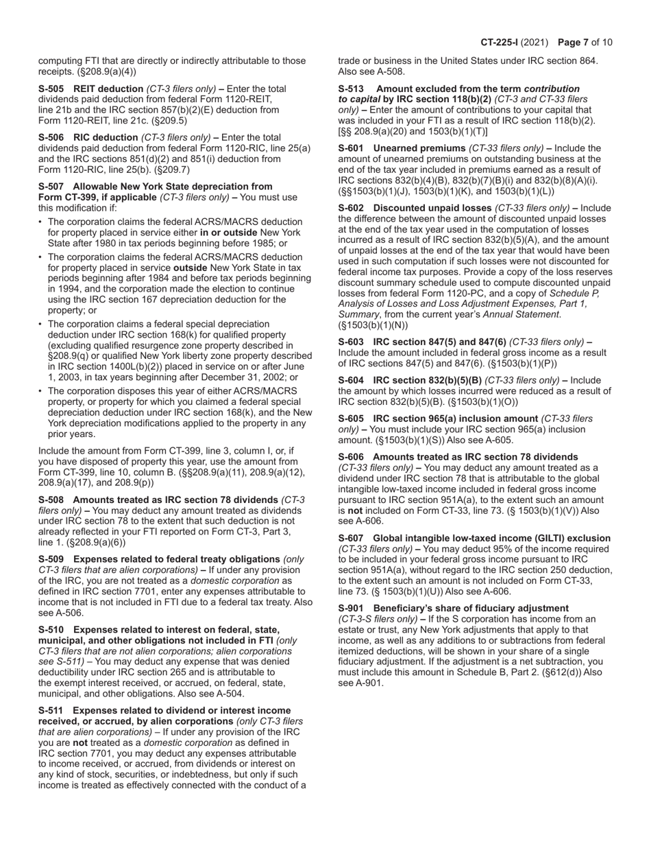 Instructions for Form CT-225 New York State Modifications - New York, Page 7