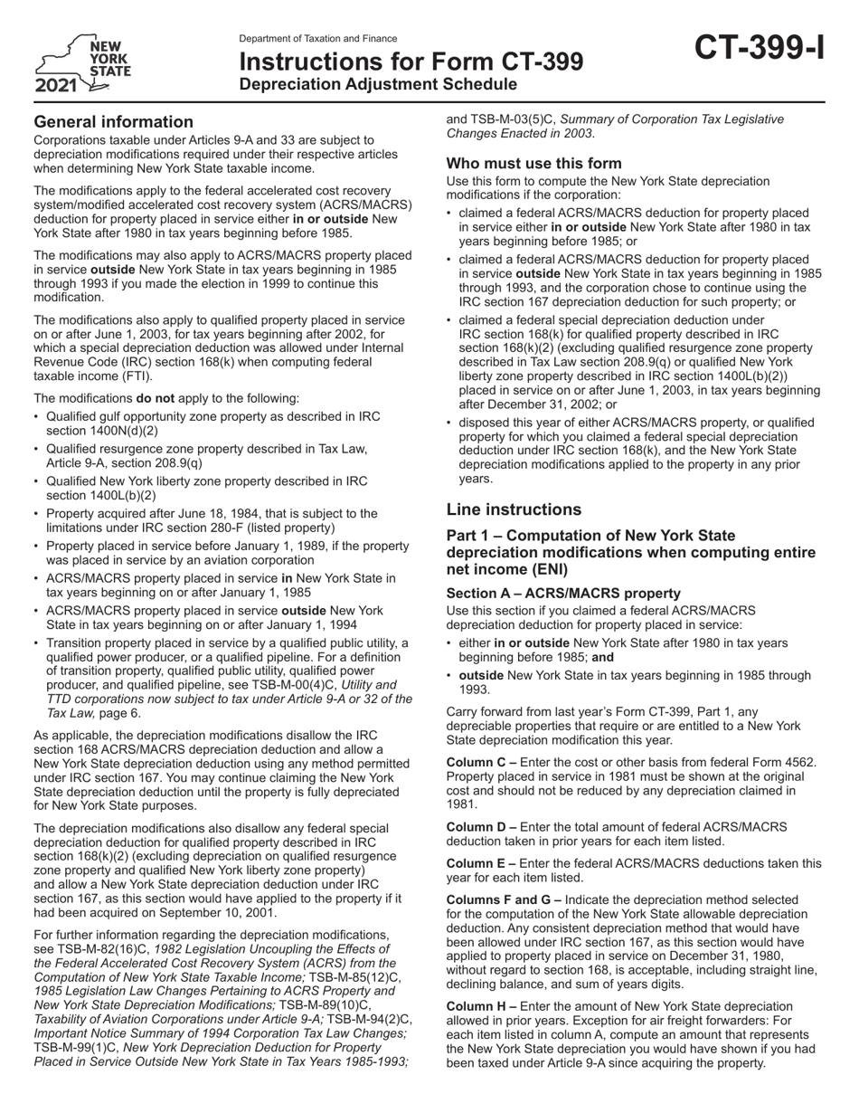 Instructions for Form CT-399 Depreciation Adjustment Schedule - New York, Page 1