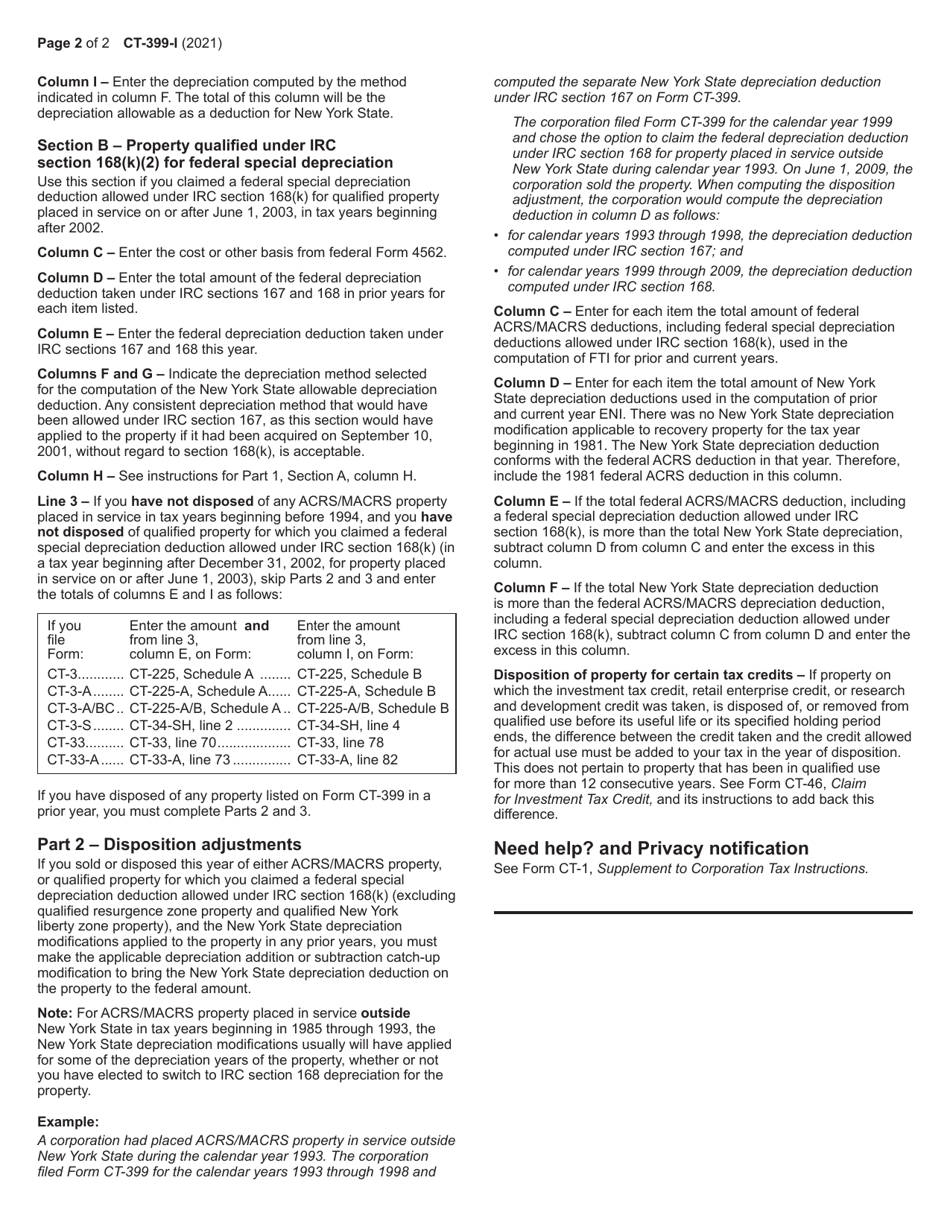 Instructions for Form CT-399 Depreciation Adjustment Schedule - New York, Page 2
