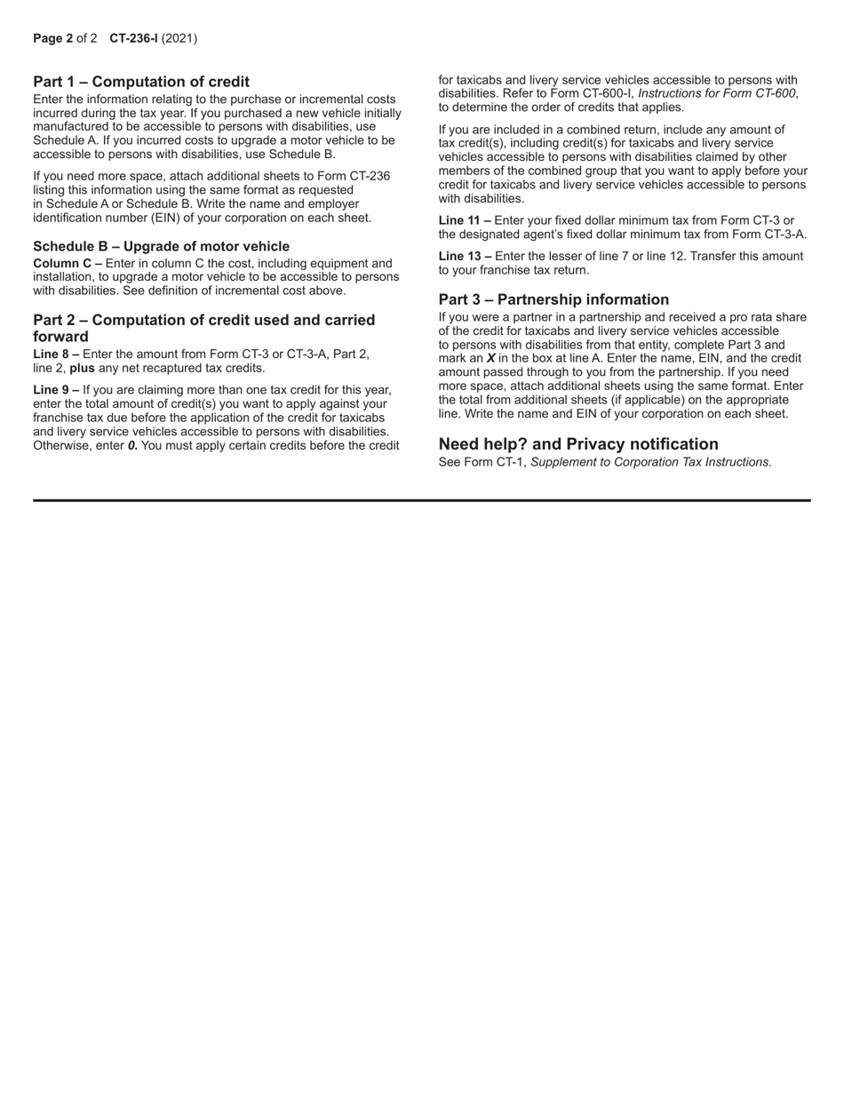Instructions for Form CT-236 Credit for Taxicabs and Livery Service Vehicles Accessible to Persons With Disabilities for Costs Incurred on or After January 1, 2011 - New York, Page 2