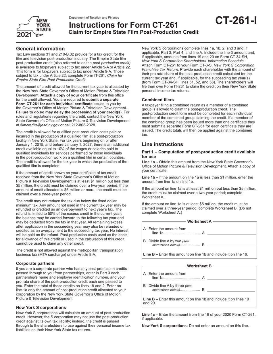 Instructions for Form CT-261 Claim for Empire State Film Post-production Credit - New York, Page 1