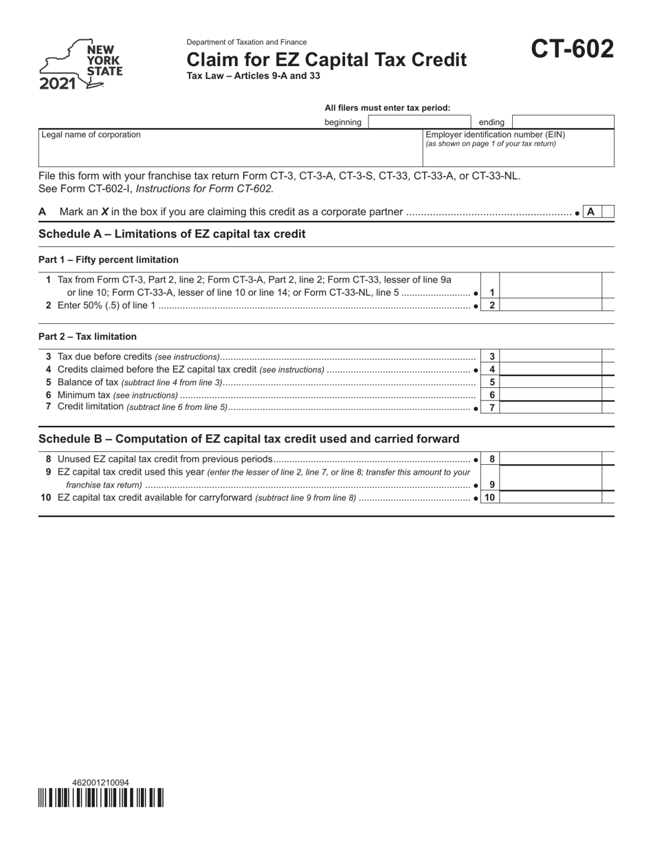 Form CT-602 Claim for Ez Capital Tax Credit - New York, Page 1