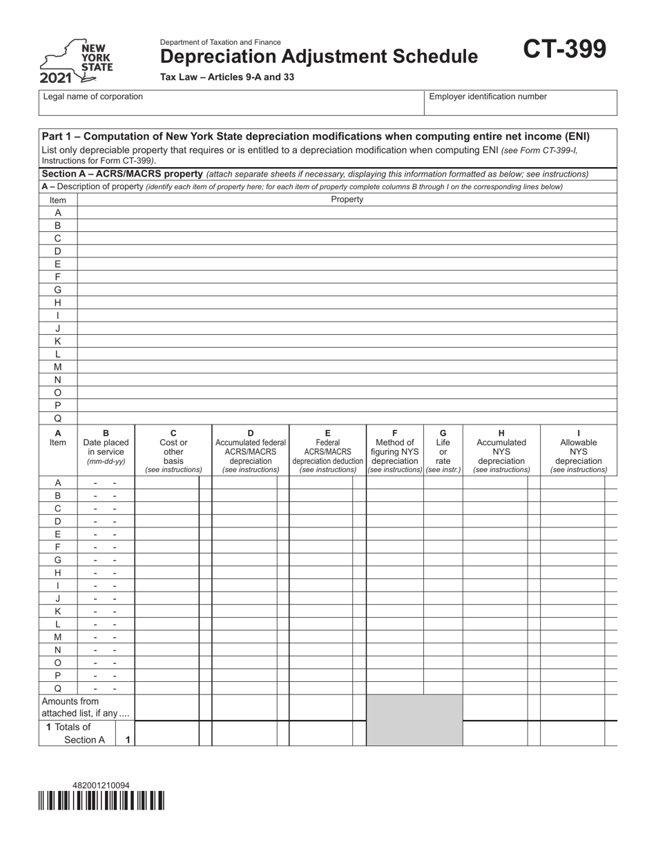 Form CT-399 Depreciation Adjustment Schedule - New York, Page 1