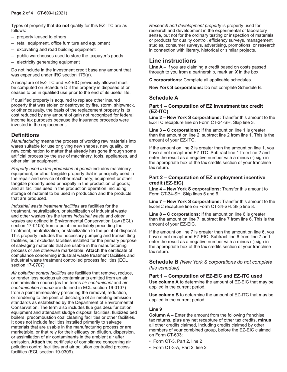 Instructions for Form CT-603 Claim for Ez Investment Tax Credit and Ez Employment Incentive Credit - New York, Page 2