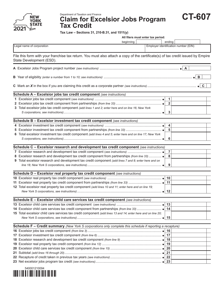 Form CT-607 Claim for Excelsior Jobs Program Tax Credit - New York, Page 1