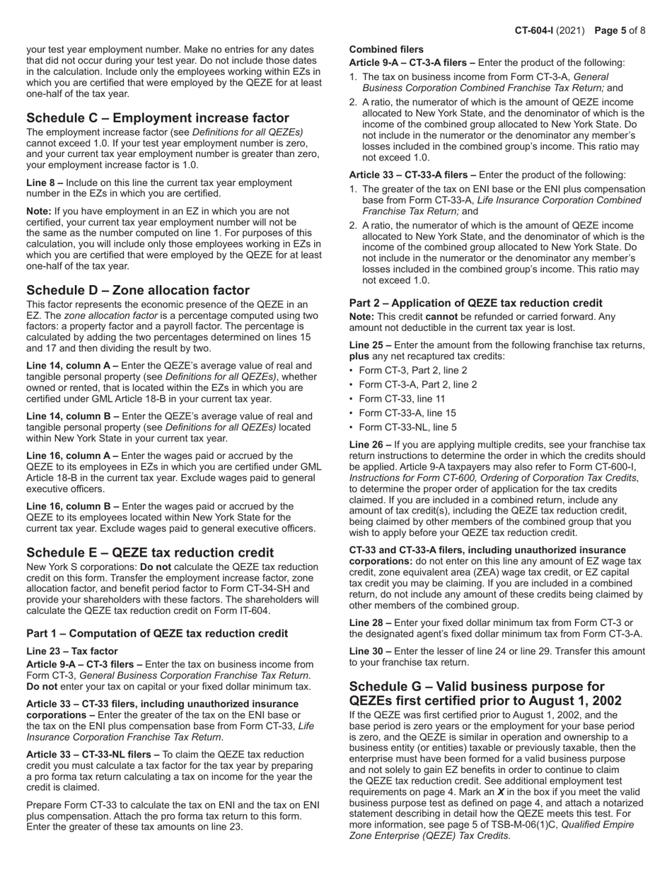 Instructions for Form CT-604 Claim for Qeze Tax Reduction Credit - New York, Page 5