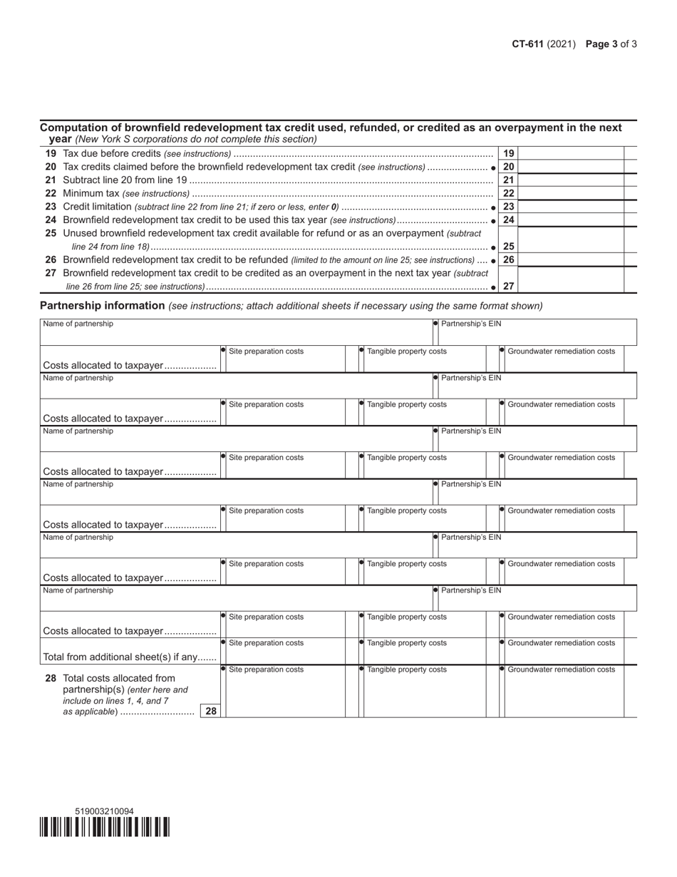 Form CT-611 Claim for Brownfield Redevelopment Tax Credit for Qualified Sites Accepted Into the Brownfield Cleanup Program Prior to June 23, 2008 - New York, Page 3
