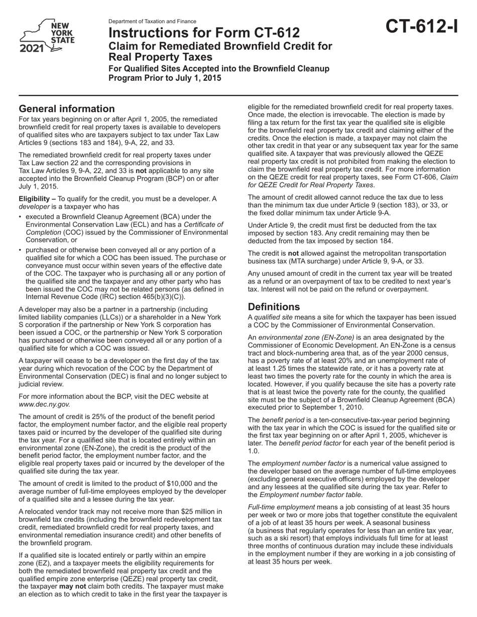 Instructions for Form CT-612 Claim for Remediated Brownfield Credit for Real Property Taxes for Qualified Sites Accepted Into the Brownfield Cleanup Program Prior to July 1, 2015 - New York, Page 1