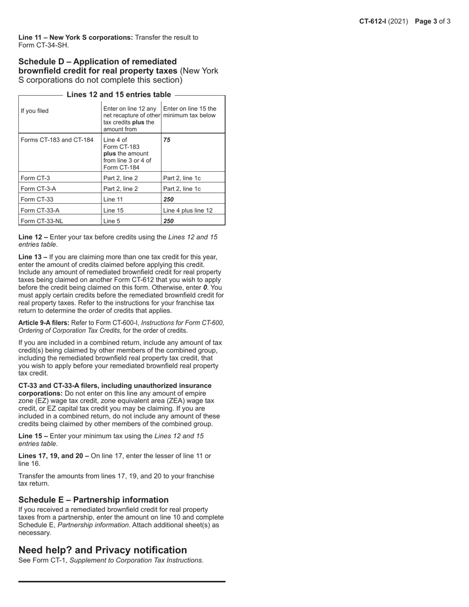 Instructions for Form CT-612 Claim for Remediated Brownfield Credit for Real Property Taxes for Qualified Sites Accepted Into the Brownfield Cleanup Program Prior to July 1, 2015 - New York, Page 3