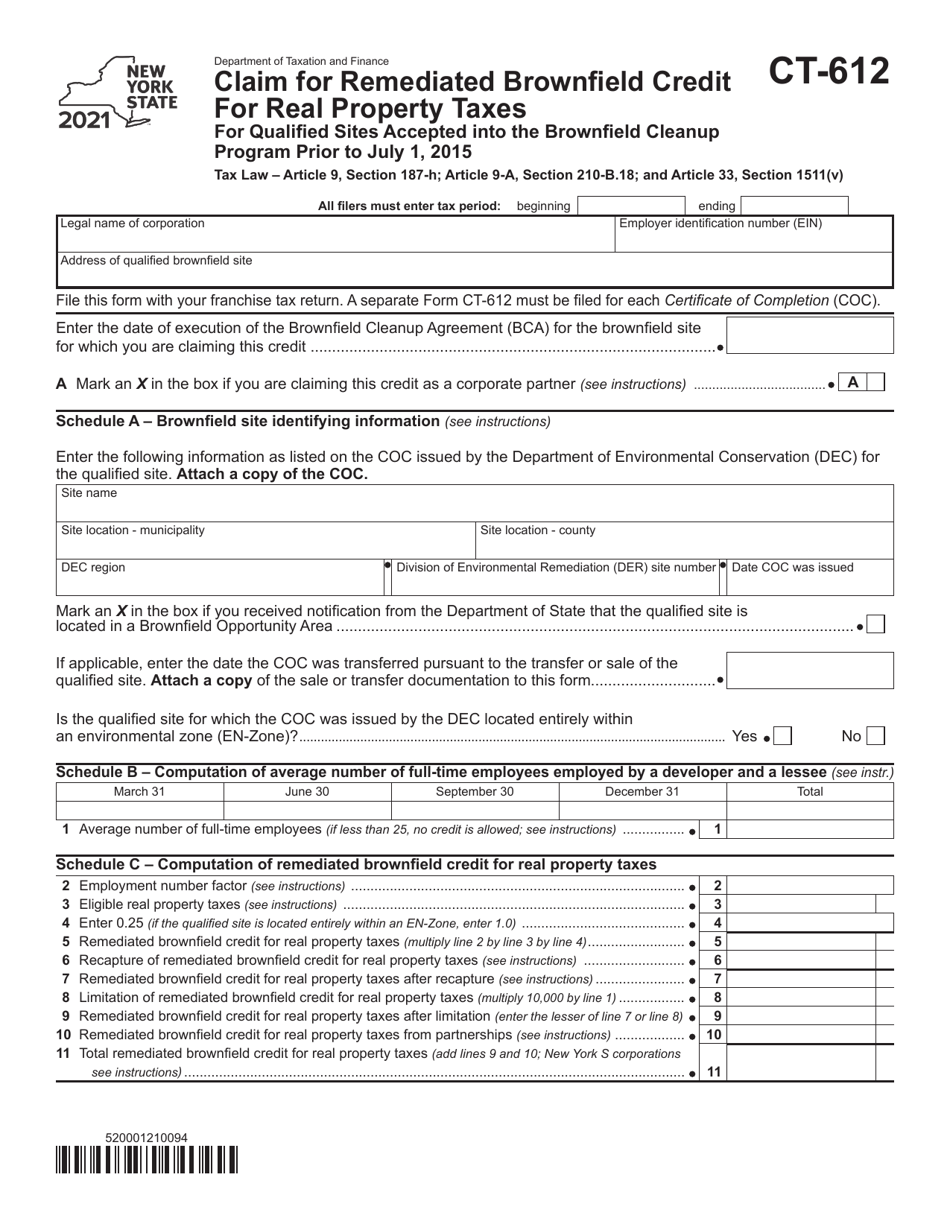 Form CT-612 Claim for Remediated Brownfield Credit for Real Property Taxes for Qualified Sites Accepted Into the Brownfield Cleanup Program Prior to July 1, 2015 - New York, Page 1