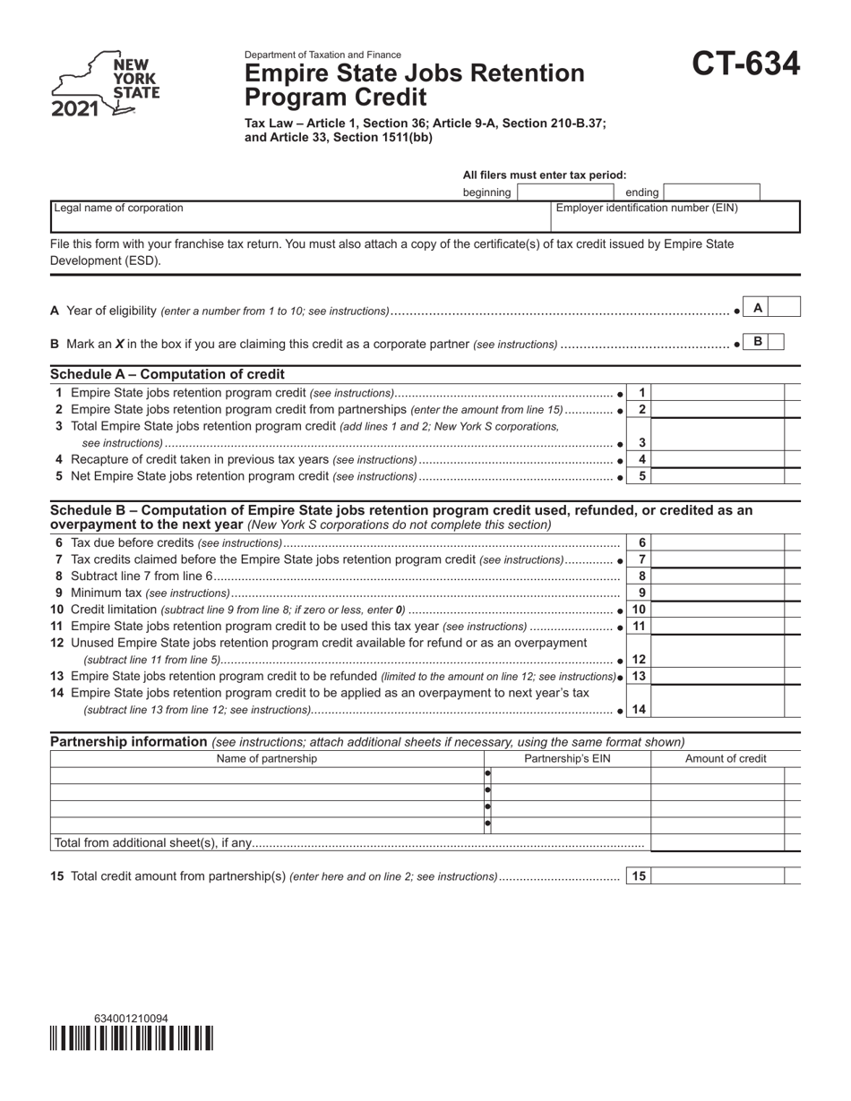 Form CT-634 Empire State Jobs Retention Program Credit - New York, Page 1