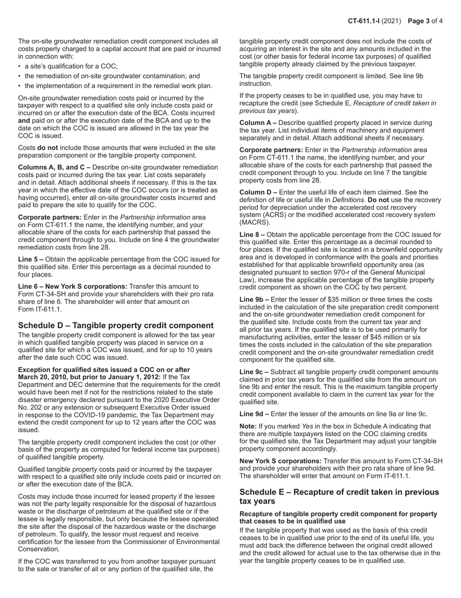 Instructions for Form CT-611.1 Claim for Brownfield Redevelopment Tax Credit for Qualified Sites Accepted Into the Brownfield Cleanup Program on or After June 23, 2008 and Prior to July 1, 2015 - New York, Page 3