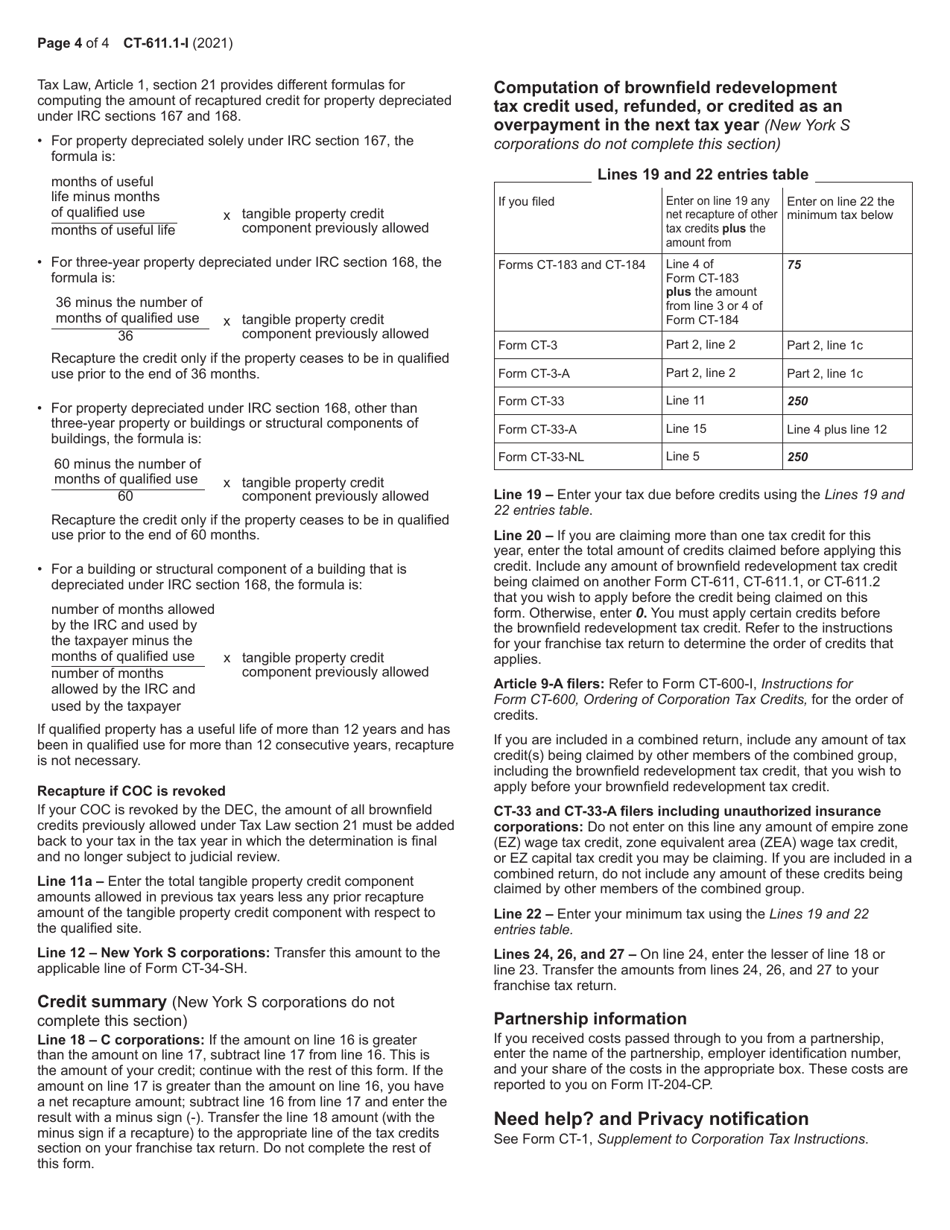 Instructions for Form CT-611.1 Claim for Brownfield Redevelopment Tax Credit for Qualified Sites Accepted Into the Brownfield Cleanup Program on or After June 23, 2008 and Prior to July 1, 2015 - New York, Page 4