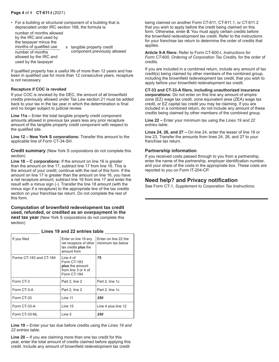 Instructions for Form CT-611 Claim for Brownfield Redevelopment Tax Credit for Qualified Sites Accepted Into the Brownfield Cleanup Program Prior to June 23, 2008 - New York, Page 4