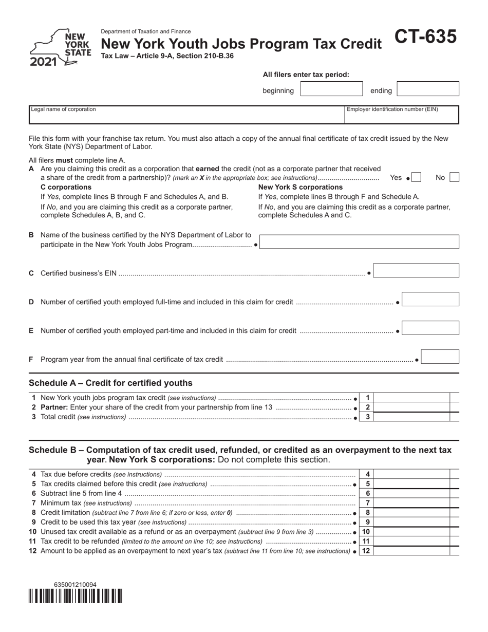 Form CT-635 New York Youth Jobs Program Tax Credit - New York, Page 1