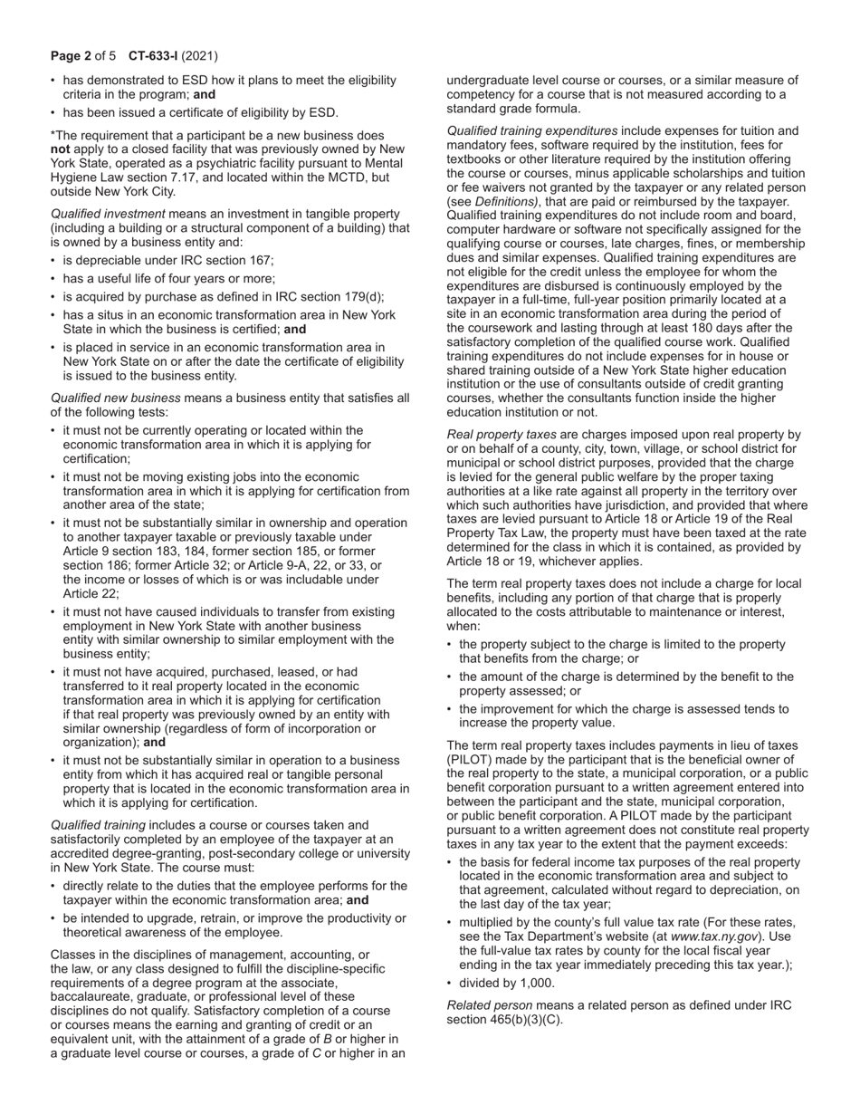Instructions for Form CT-633 Economic Transformation and Facility Redevelopment Program Tax Credit - New York, Page 2