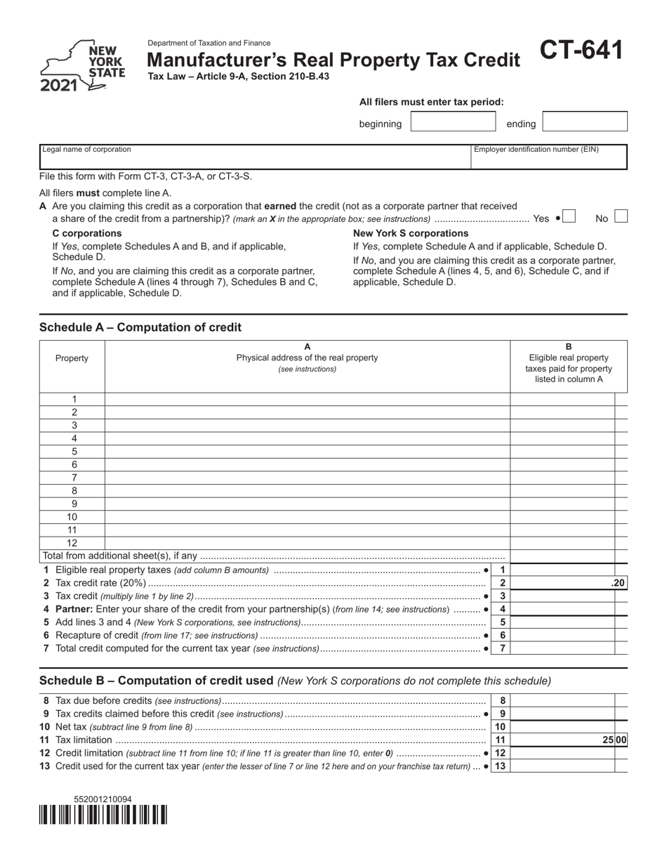 Form CT-641 Manufacturers Real Property Tax Credit - New York, Page 1