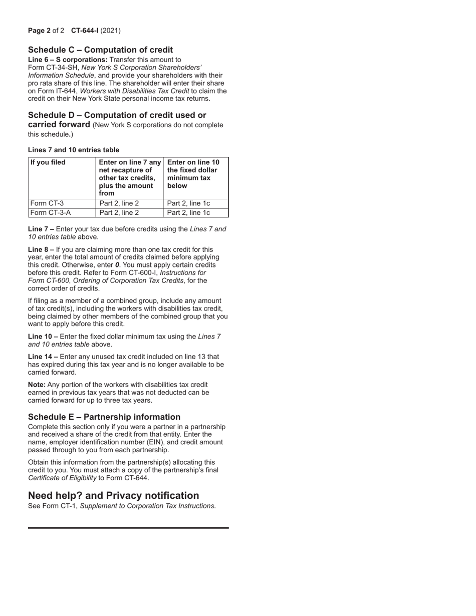 Instructions for Form CT-644 Workers With Disabilities Tax Credit - New York, Page 2