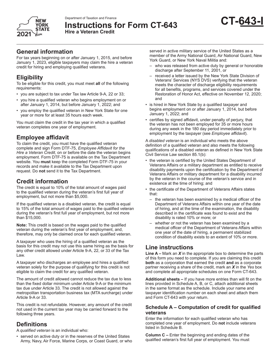 Instructions for Form CT-643 Hire a Veteran Credit - New York, Page 1