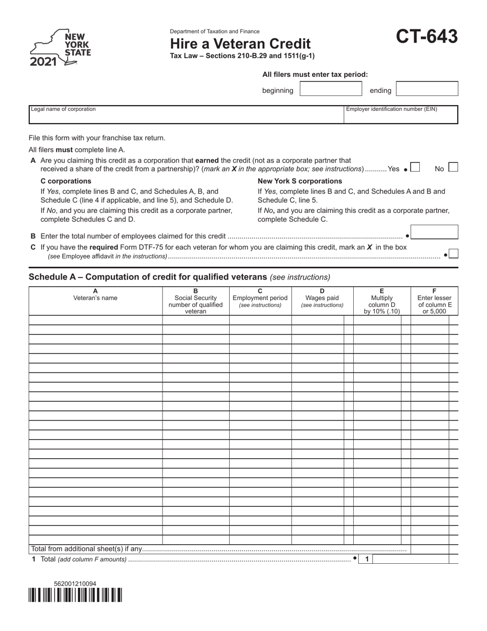 Form CT-643 Hire a Veteran Credit - New York, Page 1