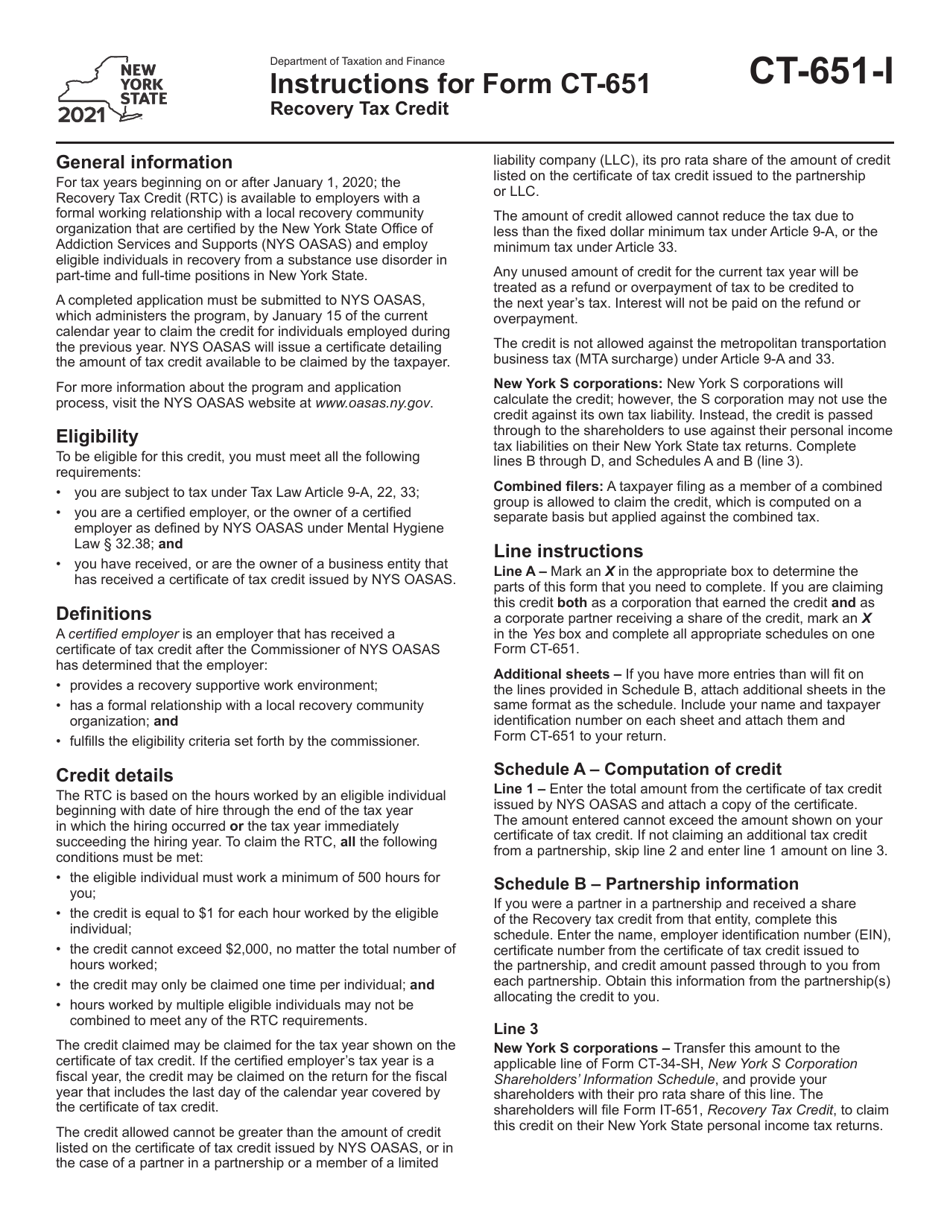 Instructions for Form CT-651 Recovery Tax Credit - New York, Page 1