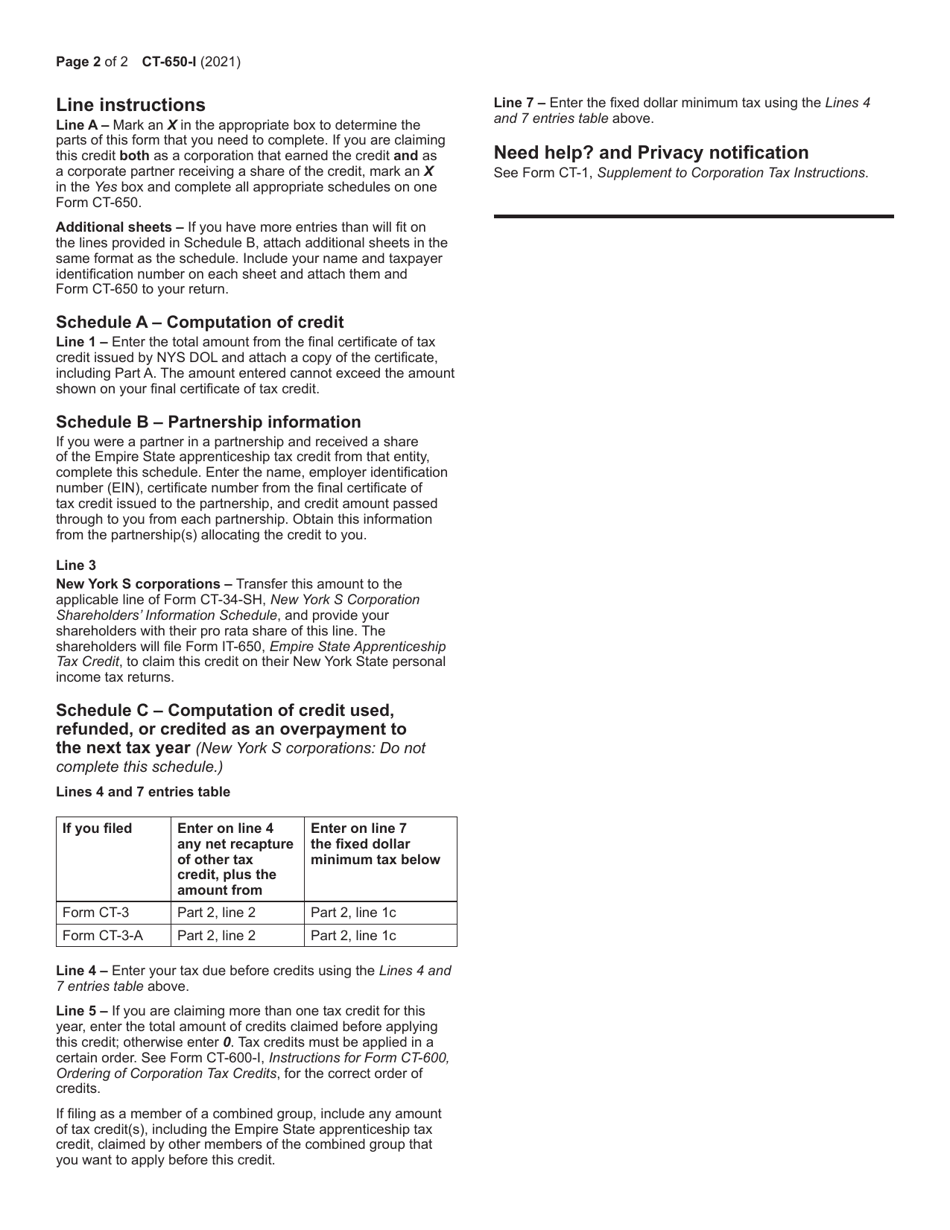 Instructions for Form CT-650 Empire State Apprenticeship Tax Credit - New York, Page 2