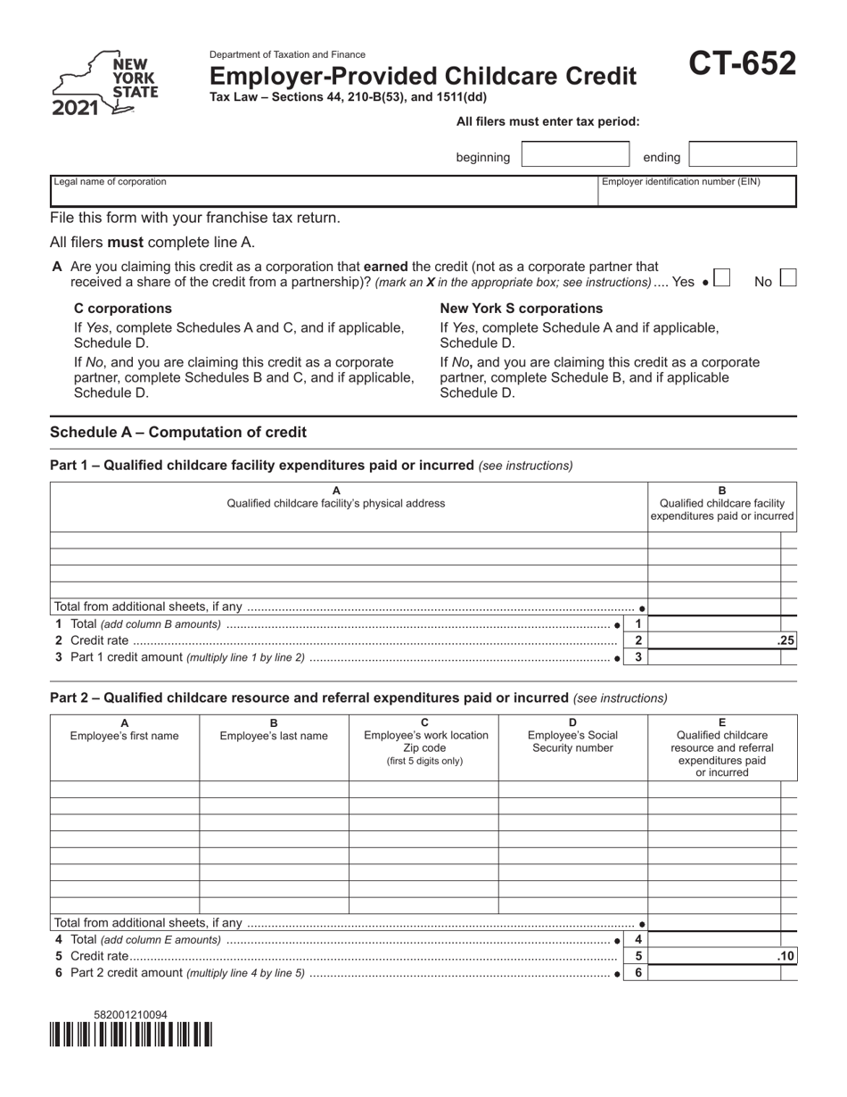Form CT-652 Employer-Provided Childcare Credit - New York, Page 1