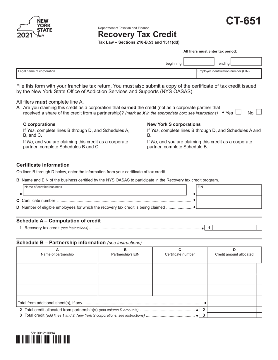 Form CT-651 Recovery Tax Credit - New York, Page 1