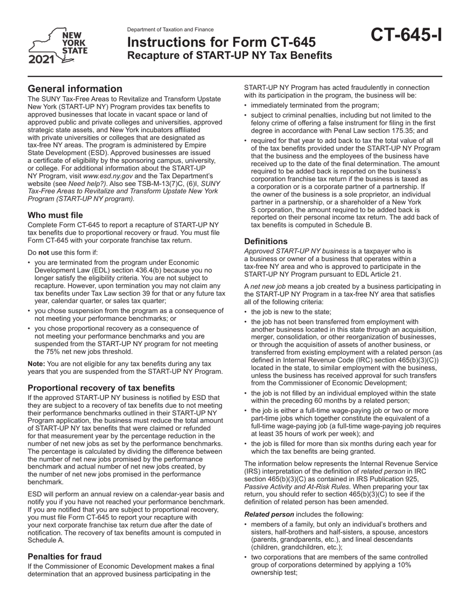 Instructions for Form CT-645 Recapture of Start-Up Ny Tax Benefits - New York, Page 1