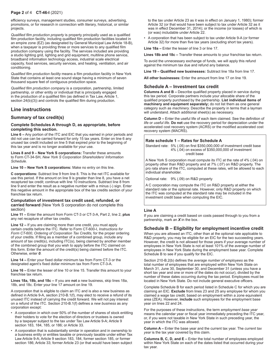Instructions for Form CT-46 Claim for Investment Tax Credit (Includes Employment Incentive Credit) - New York, Page 2