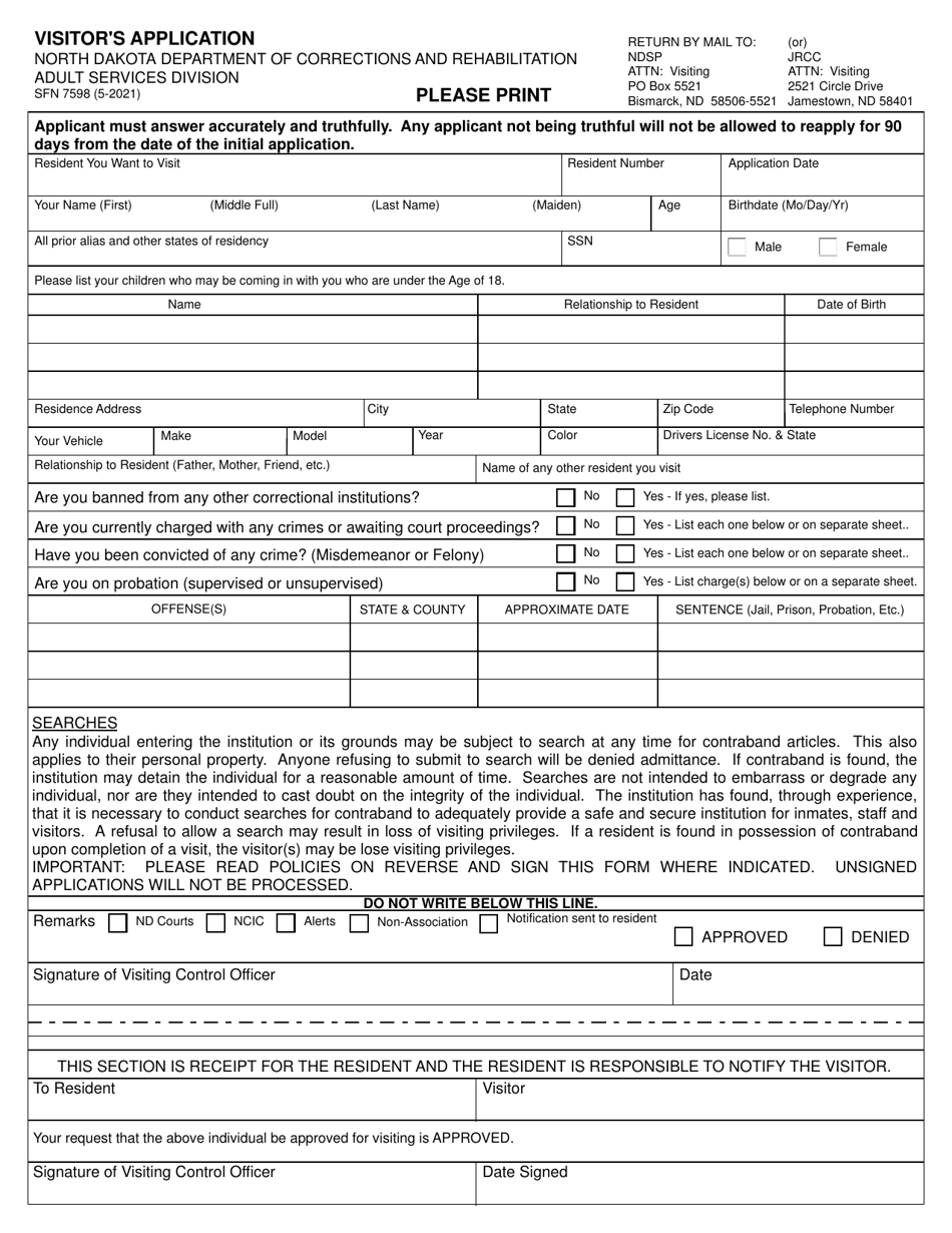 Form SFN7598 Download Printable PDF or Fill Online Visitor's