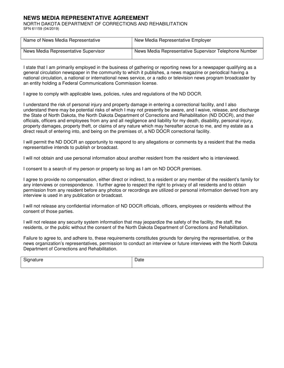 Form SFN61159 News Media Representative Agreement - North Dakota, Page 1