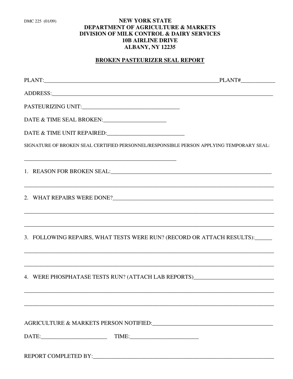 Form DMC225 Broken Pasteurizer Seal Report - New York, Page 1