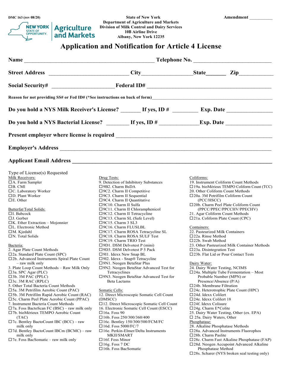 Form DMC163 Application and Notification for Article 4 License - New York, Page 1
