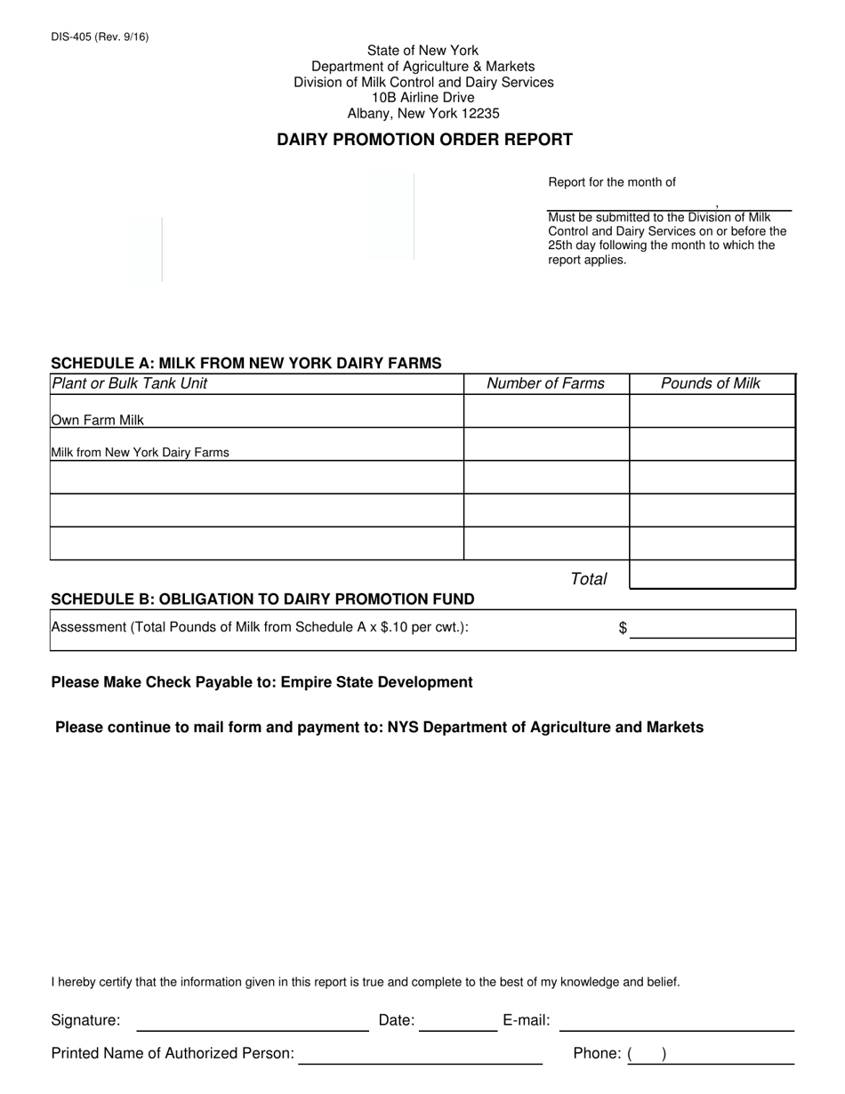 Form Dis-405 Dairy Promotion Order Report - New York, Page 1