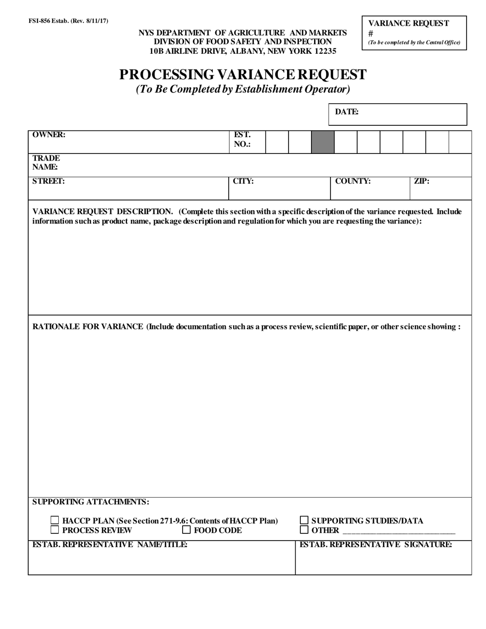Form FSI-856 Processing Variance Request - New York, Page 1