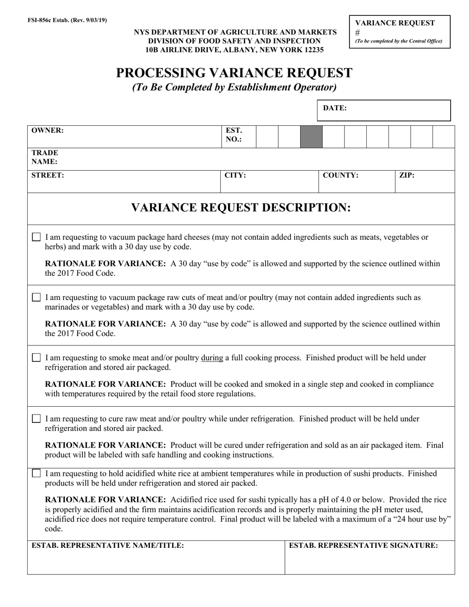 Form FSI-856C Basic Processing Variance Request Form - New York, Page 1