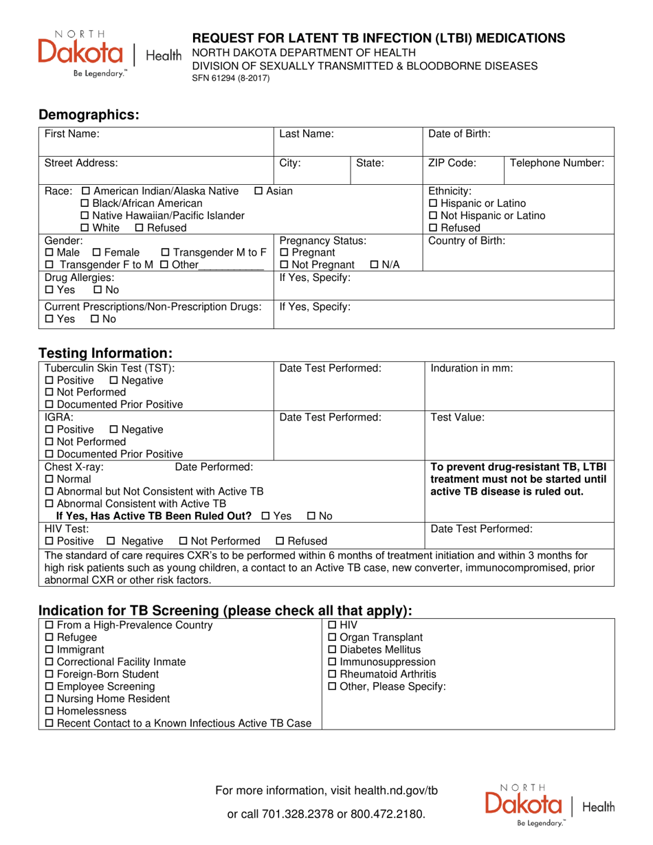 Form SFN61294 Request for Latent Tb Infection (Ltbi) Medications - North Dakota, Page 1