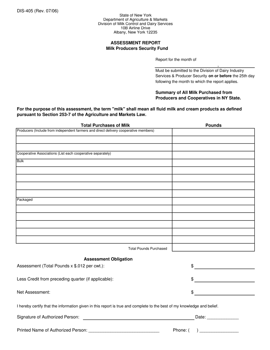 Form Dis-405 Assessment Report - Milk Producers Security Fund - New York, Page 1