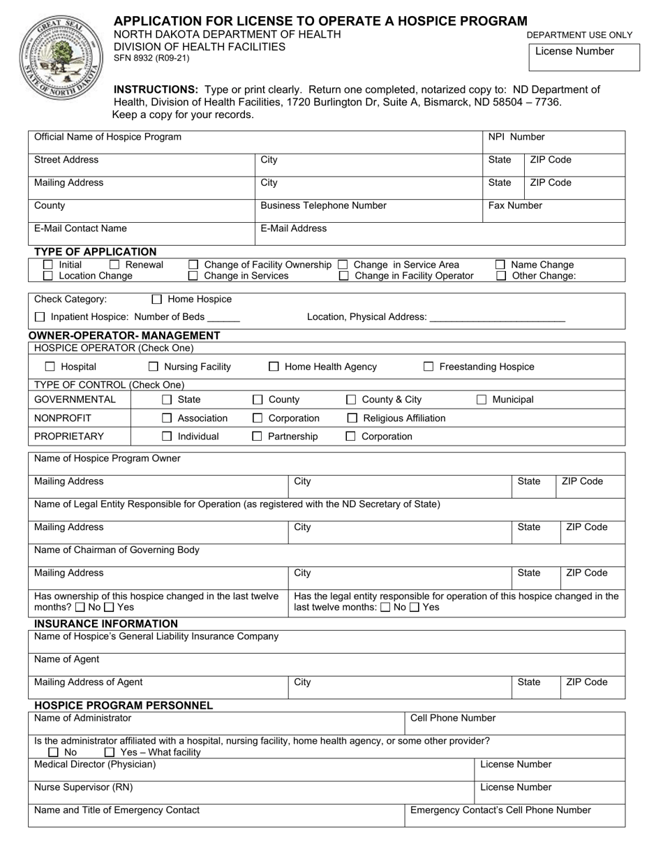 Form SFN8932 Application for License to Operate a Hospice Program - North Dakota, Page 1