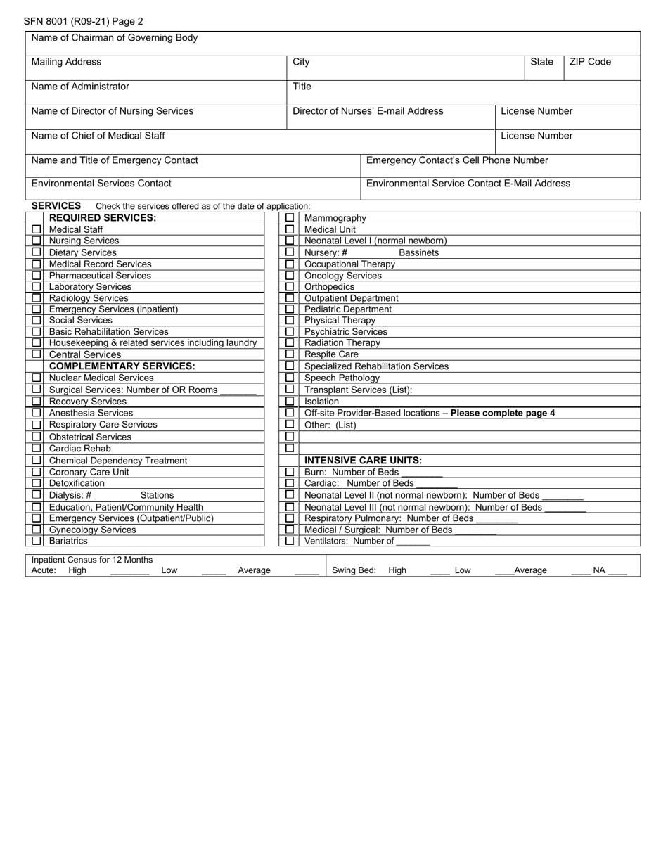Form SFN8001 Application for License to Operate a Hospital - North Dakota, Page 2