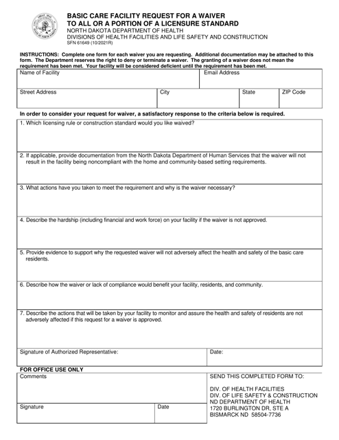 Form SFN61649 Basic Care Facility Request for a Waiver to All or a Portion of a Licensure Standard - North Dakota