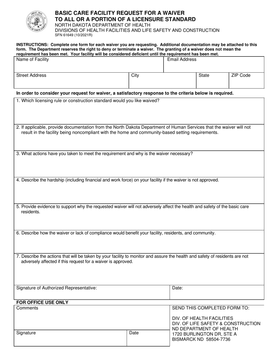 Form SFN61649 Basic Care Facility Request for a Waiver to All or a Portion of a Licensure Standard - North Dakota, Page 1
