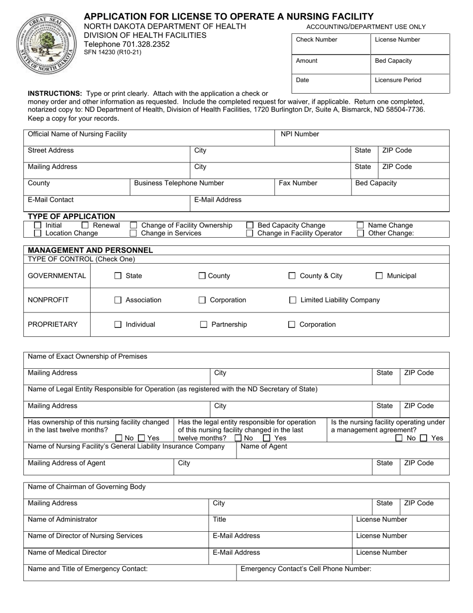 Form SFN14230 Application for License to Operate a Nursing Facility - North Dakota, Page 1